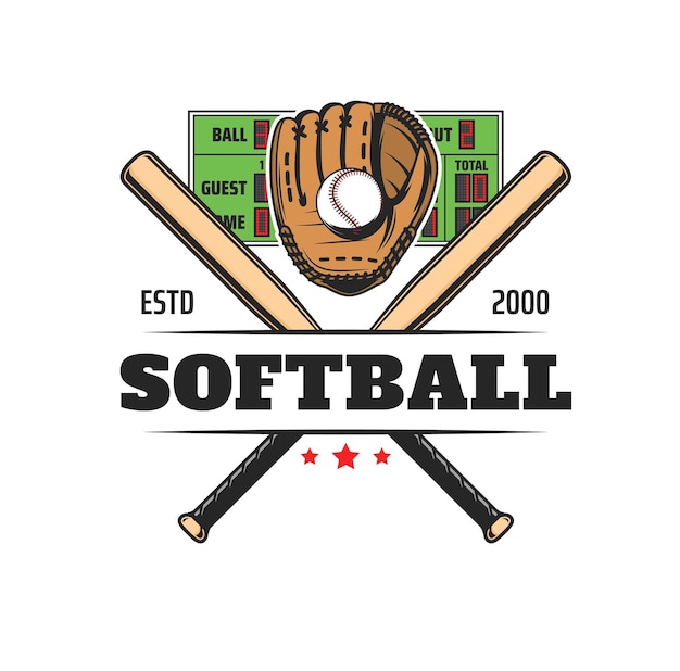 Icona dello sport di softball, distintivo della squadra del club di baseball ed emblema del vettore del gioco della lega. guanto, palla e mazze da baseball o da softball per campionati sportivi o tornei universitari