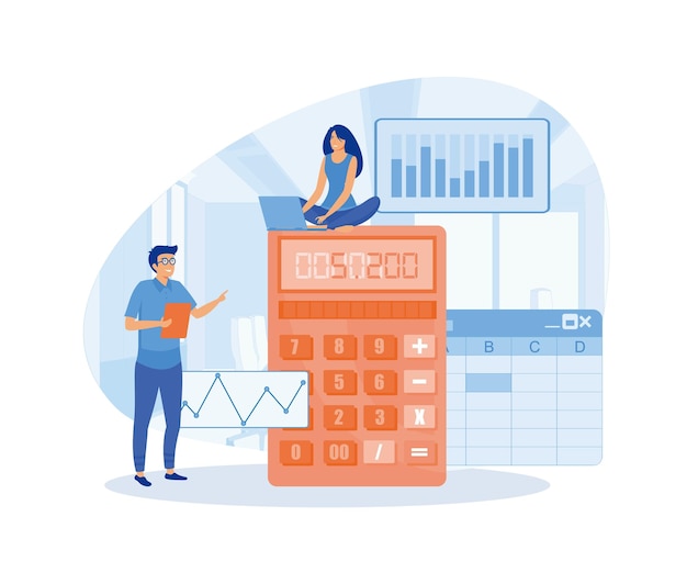 Software per la contabilità con calcolatrici di formule di fogli rendere il bilancio più facile con il software che organizza i dati contabili finanziari bancari in cartella vettoriale piatto illustrazione moderna