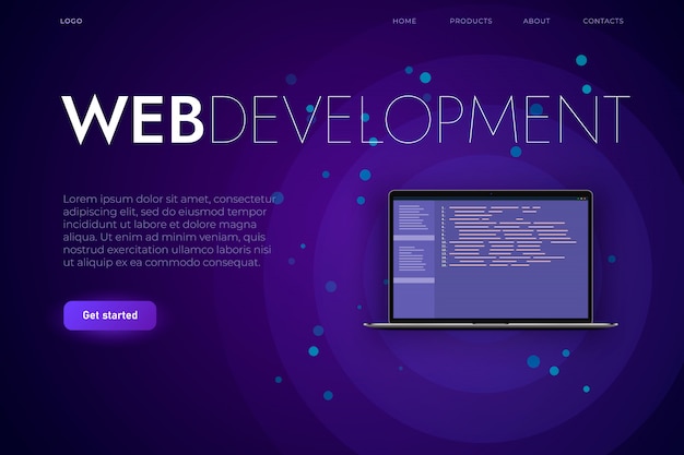 Шаблон целевой страницы программного обеспечения и веб-разработки. ноутбук с программным кодом, разработка веб-приложений и приложений для настольных компьютеров