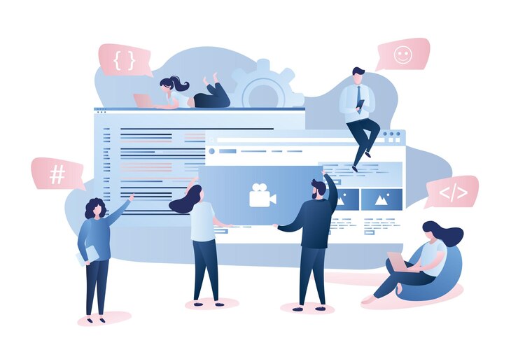 Vector software or app development frontend and backend programmers and business people vector