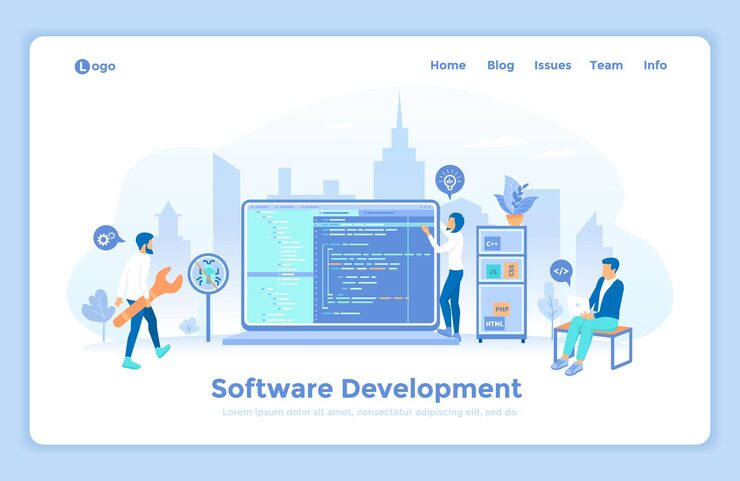 Vector 소프트웨어 응용 프로그램 개발 및 프로그래밍 프로그래머 팀은 프로그램 코드로 작업합니다.