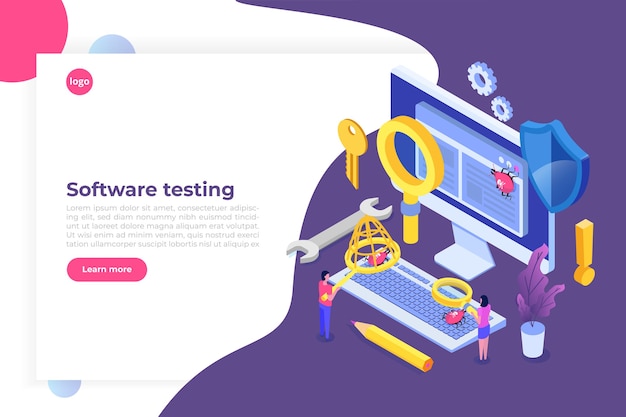 software or application testing  isometric  concept.  debugging development process. 