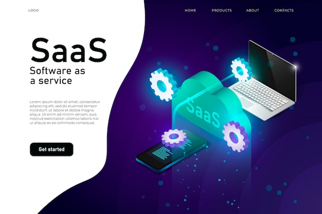 Vector software as a service saas-programma. it mainframe infrastructuur website header. saas-netwerk website ontwerp lay-out, cloud computing-service isometrisch