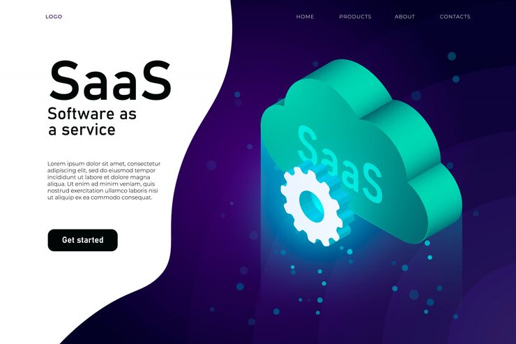 Vector software as a service saas program. it mainframe infrastructure website header. saas network website design layout, cloud computing service isometric