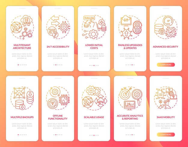 software as service strong points onboarding mobile app page screen with concepts set. scalable usage, costs walkthrough 5 steps ui template with rgb color illustrations