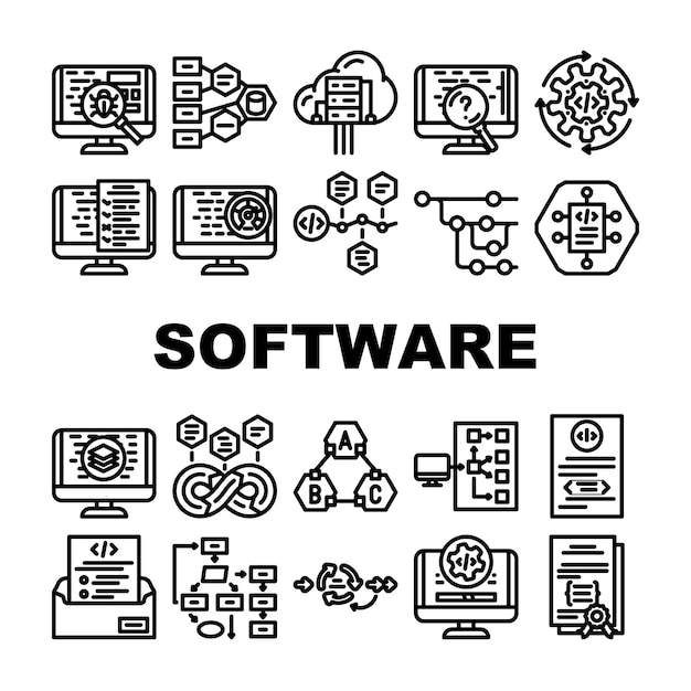 software compute engineer iconen set vector code technologie kantoor mensen uit het bedrijfsleven man codeur werk programmeur website internet software compute engineer zwarte contour illustraties