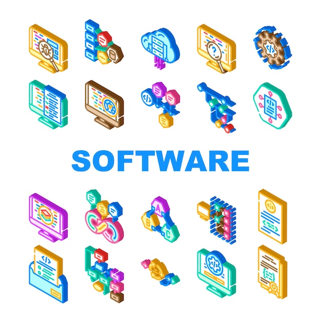 software compute engineer icons set vector code technology office business people man coder work programmer website internet software compute engineer isometric sign illustrations