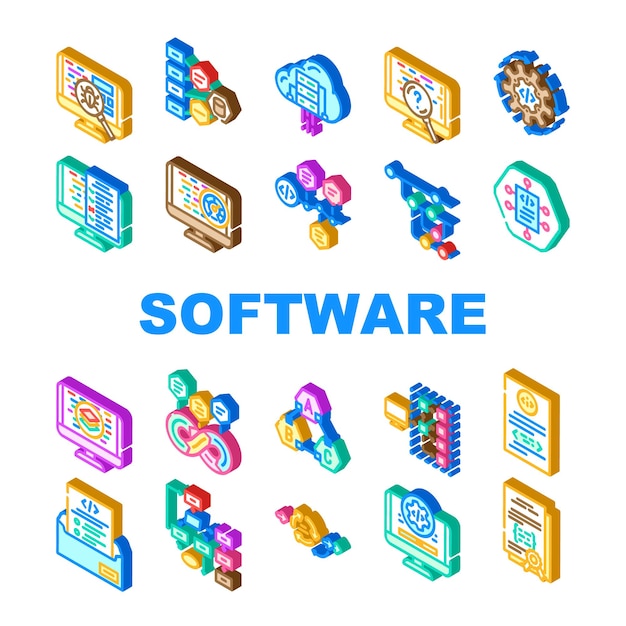 набор иконок компьютерного инженера программного обеспечения векторный код технологии офис деловые люди человек кодер работа программист сайт интернет программное обеспечение компьютерный инженер изометрические знак иллюстрации