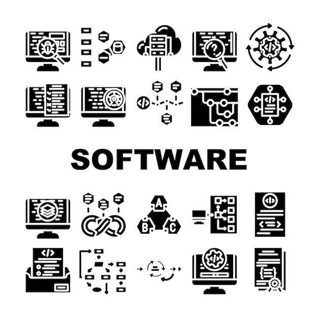 software compute ingenieur iconen set vector code technologie kantoor mensen uit het bedrijfsleven man codeur werk programmeur website internet software compute ingenieur glyph pictogram illustraties