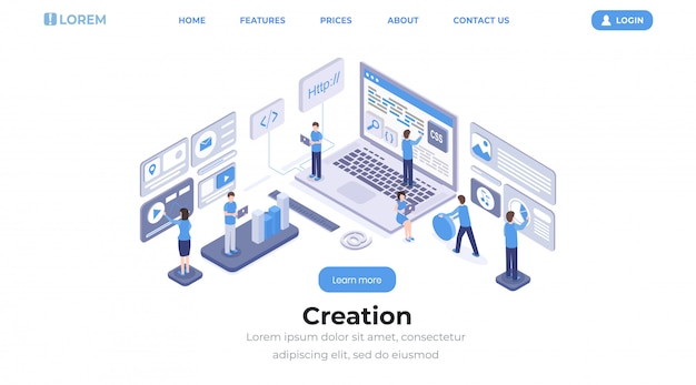 Vector software creation landing page isometric template