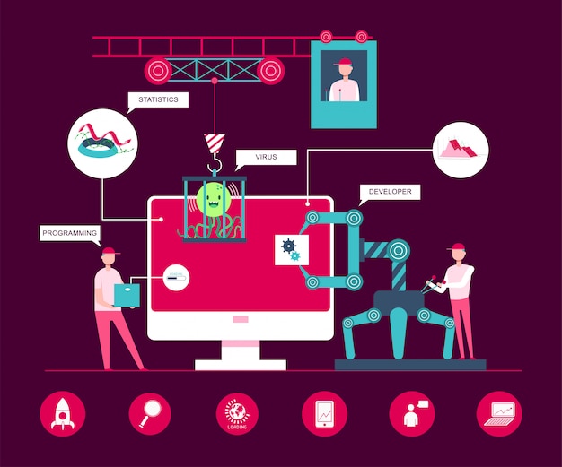 Vector software cycle process   concept flat illustration with programmers, developers near computer.