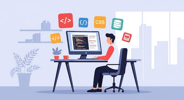 software developer coding at desk with programming icons