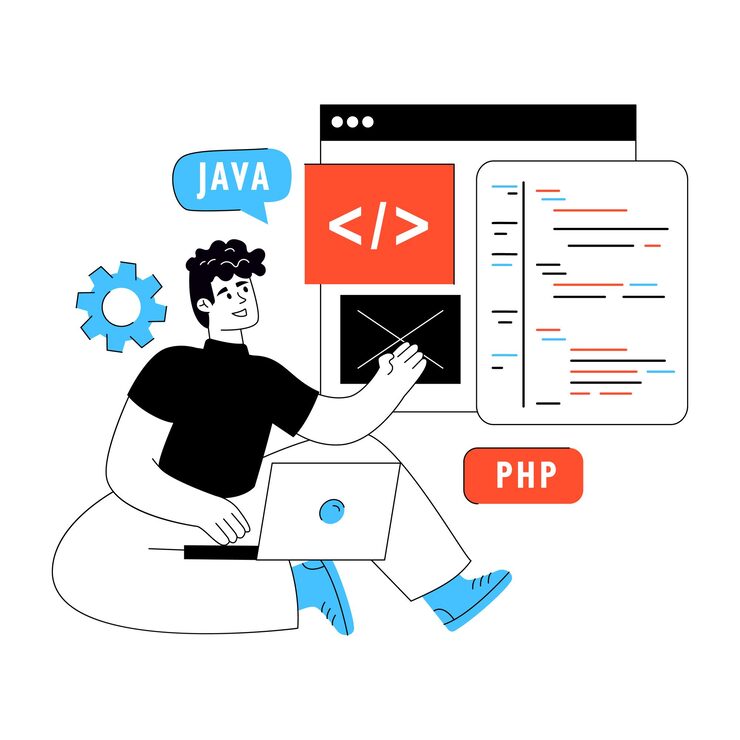 Vector software developer coding on laptop with programming languages and web interface
