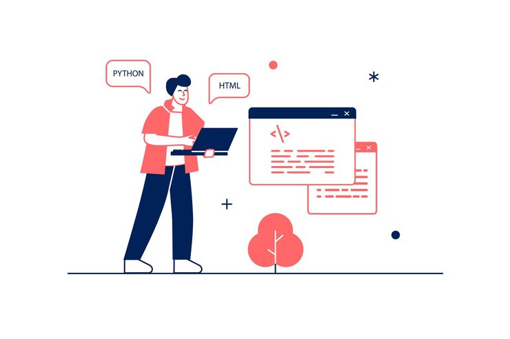 Vector software developer concept in flat line design with people scene man working as programmists at it company creating code testing and fixing bugs app optimization vector illustration for web