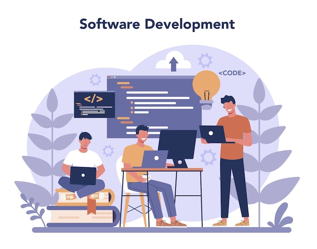 Концепция разработчика программного обеспечения. идея программирования и кодирования, разработка системы. цифровая технология. компания-разработчик программного обеспечения пишет код.
