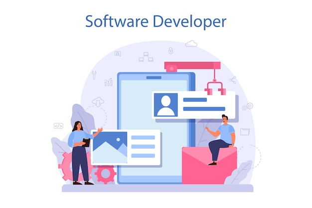 Concetto di sviluppatore di software. idea di programmazione e codifica, sviluppo del sistema. tecnologia digitale. società di sviluppo software che scrive codice. illustrazione vettoriale isolato