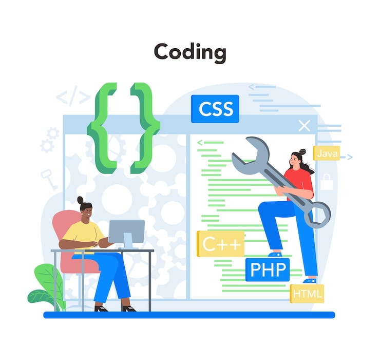 Vector software developer concept idea of programming and coding system development digital technology software developing company writing code isolated vector illustration