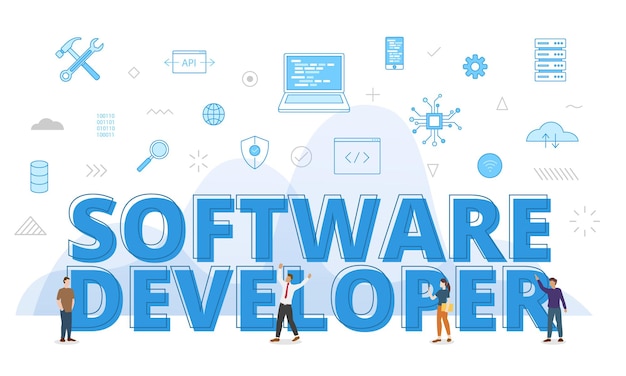 Vector software developer concept with big words and people surrounded by related icon spreading with modern blue color style