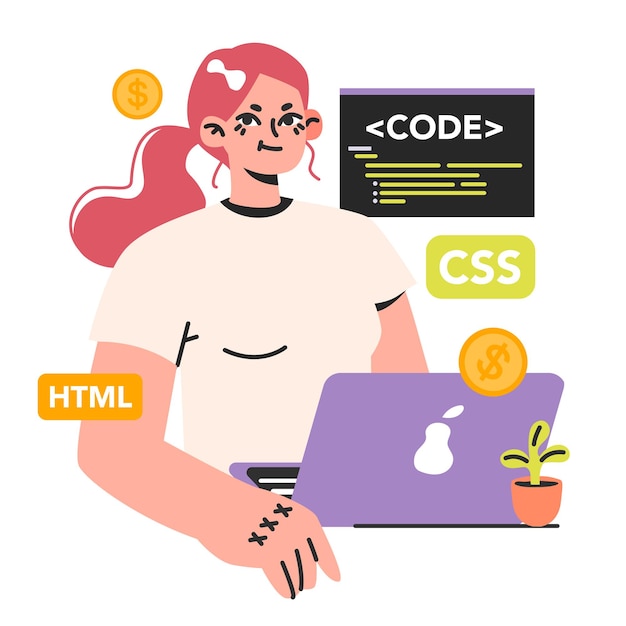 Vector software developer female programmer coding a website digital