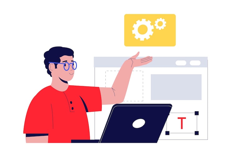 Vector software developer is working on a web development project using his laptop managing settings such as gears and text using a software and pointing at the screen
