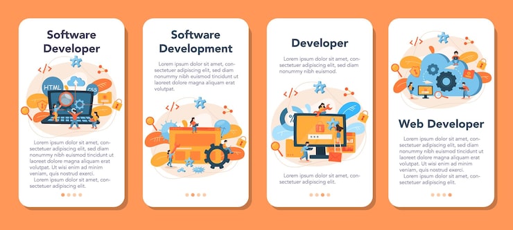 Vector software developer mobile application banner set. idea of programming and coding, system development. digital technology. software developing company writing code.