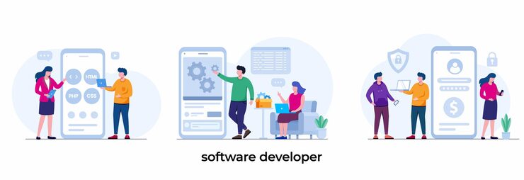 Vector software developer presentation with client programmer technology coding code flat vector illustration template