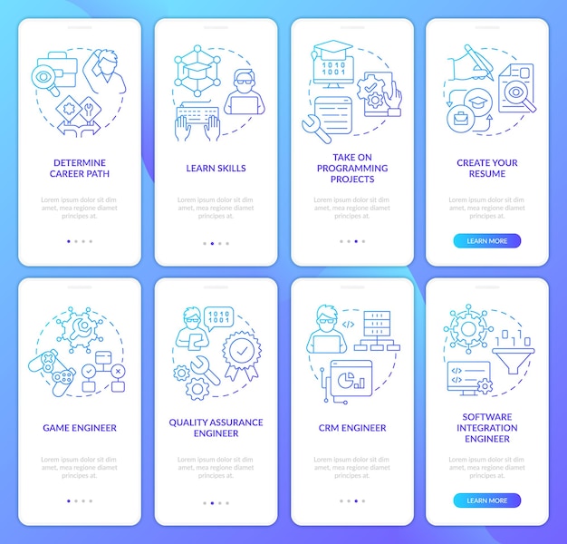 Software developer profession blue gradient onboarding mobile app screen set