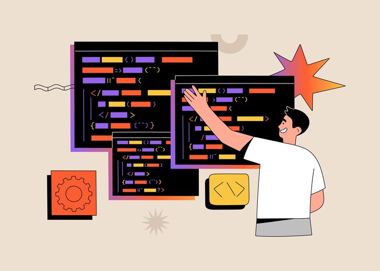 Vector 소프트웨어 개발자는 컴퓨터에서 특수 언어로 코드를 작성합니다. 스크립트 코딩 및 웹 엔지니어링의 개념입니다. 손으로 그린 벡터 일러스트 레이 션 밝은 배경에 고립. 현대 평면 만화 스타일입니다.