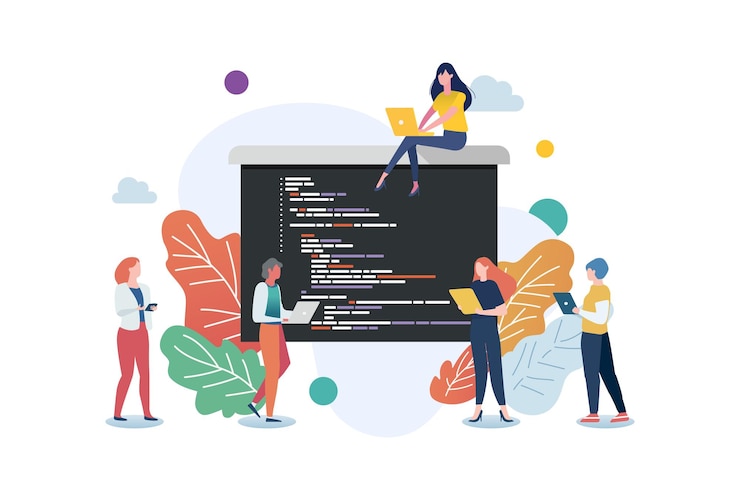 Vector software developers coding together programmer working writing code