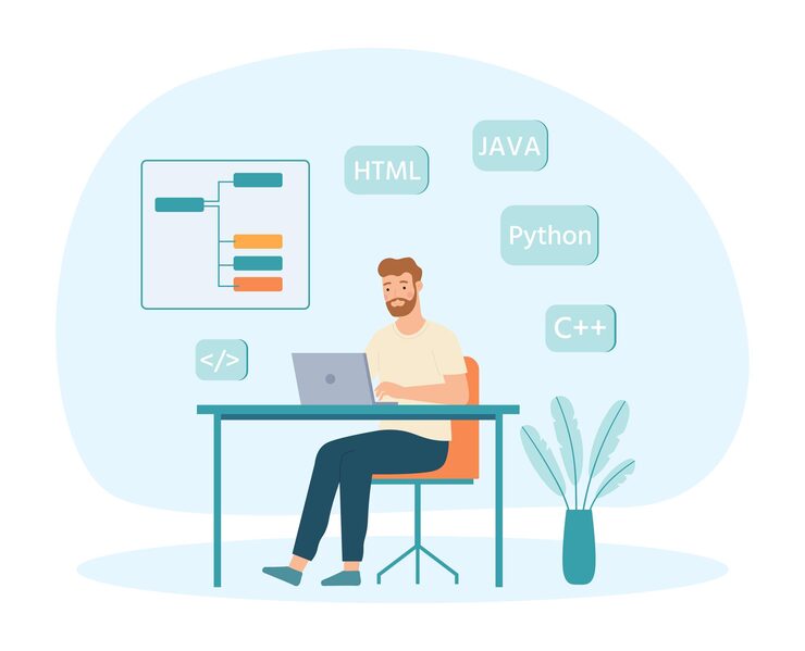 Vector software developers and programmers at work man sitting at desk with laptop male coder working on web development