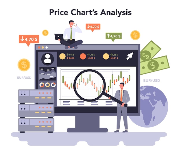 Piattaforma o servizio online del settore dello sviluppo di software e dell'elaborazione dei dati. consulenza informatica, fornitori di servizi internet. analisi del grafico dei prezzi. illustrazione vettoriale piatta