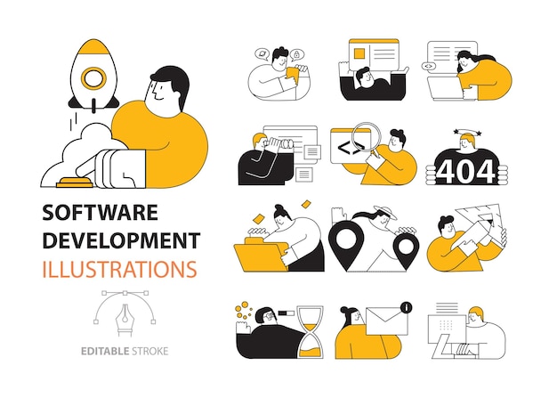 Software development activities men and momen illustrations set collection