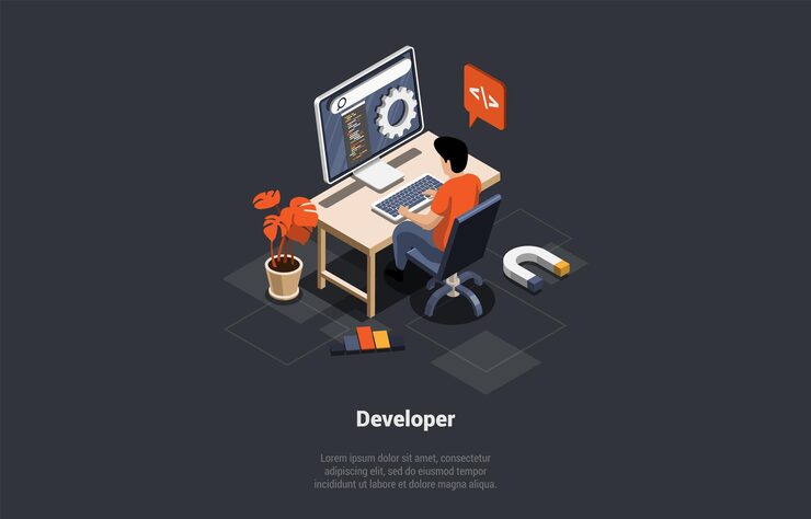 Vector software development coding process concept man programmer or web developer working on pc screen with code script and address bar coder engineer at workplace isometric 3d vector illustration
