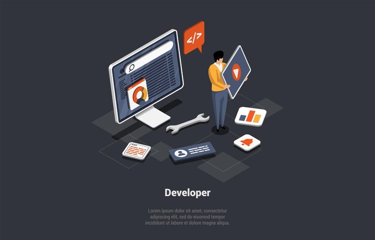 Vector software development coding process concept programmer or web developer is writing new code screen with code script and open windows coder engineer at workplace isometric 3d vector illustration