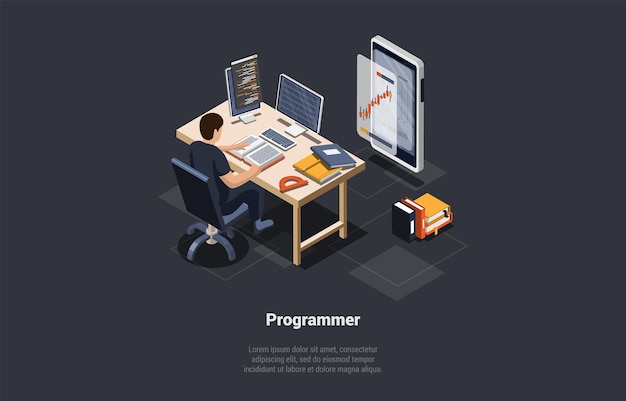 Vettore programmatore di processi di codifica di sviluppo software o app di codifica per sviluppatori web per il trading sullo schermo di computer e smartphone con grafico e script man coder engineer illustrazione vettoriale 3d isometrica