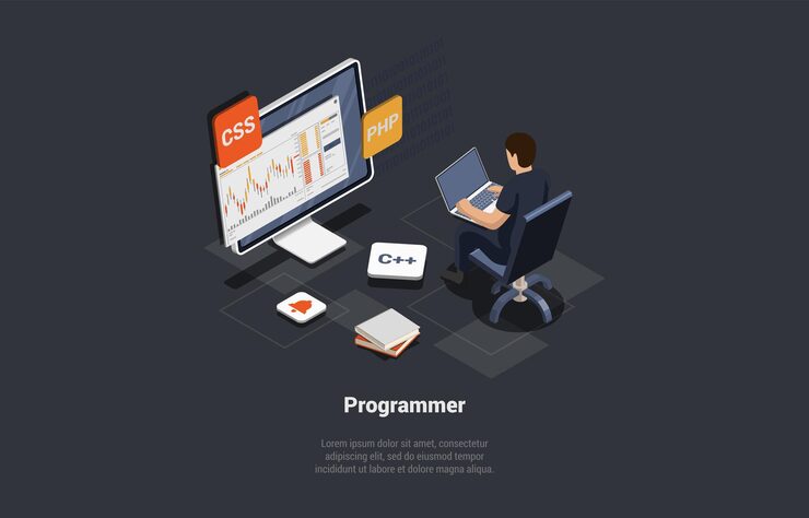 Vector software development coding process programmer web developer coding app for trading using php programming language screen with chart and script man coder engineer isometric 3d vector illustration