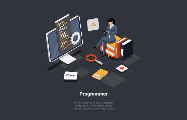 Vector software development coding process programmer web developer coding app using java script programming language screen with chart and script woman coder engineer isometric 3d vector illustration