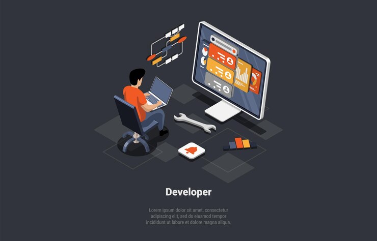 Vector software development coding process programmer or web developer writing new code on laptop screen with code script and open windows coder engineer at workplace isometric 3d vector illustration