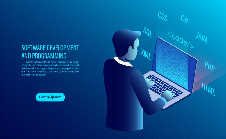Vector software development and coding. programming of concept. data processing. computer code with window interface.