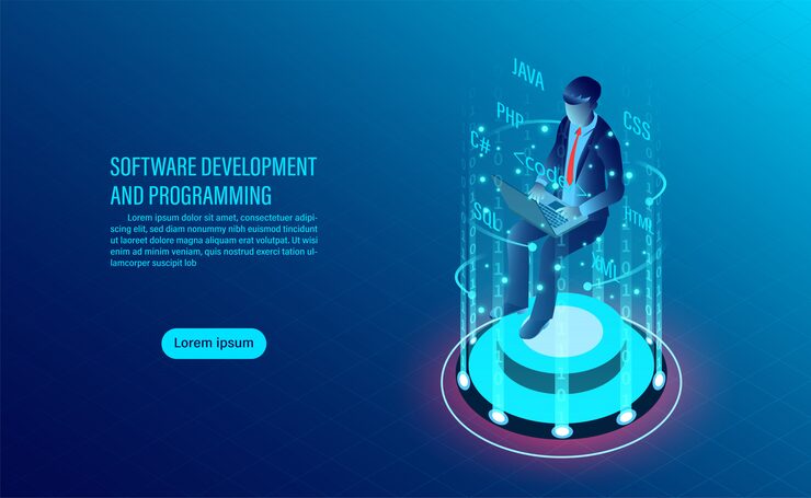 Vector software development and coding. programming of concept. data processing. computer code with window interface.