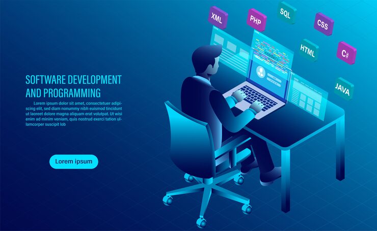 Vector software development and coding. programming of concept. data processing. computer code with window interface. 