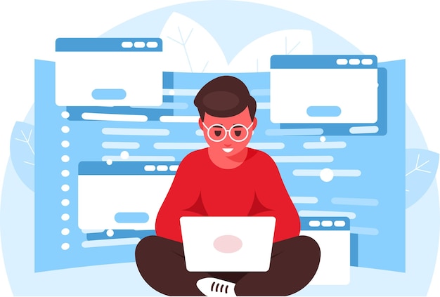 Software development concept Programming languages Programmer sitting in lotus pose with laptop