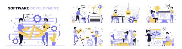 software development concept set in flat web design collection with people programming and coding at computer languages work with app scripts flat vector illustration isolated on white background