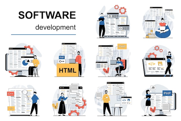 Концепция разработки программного обеспечения с мега набором ситуаций персонажей векторные иллюстрации