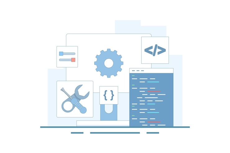 Vector software development concept with coding and configuration of gears on a computer screen