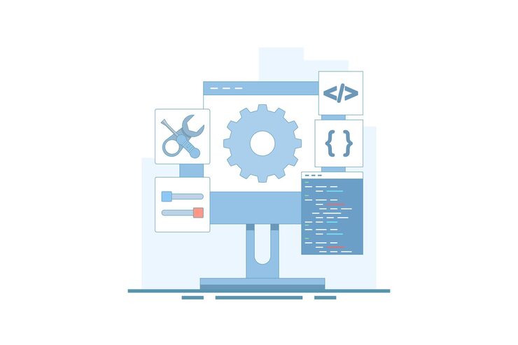 Vector software development concept with coding and configuration of gears on a computer screen