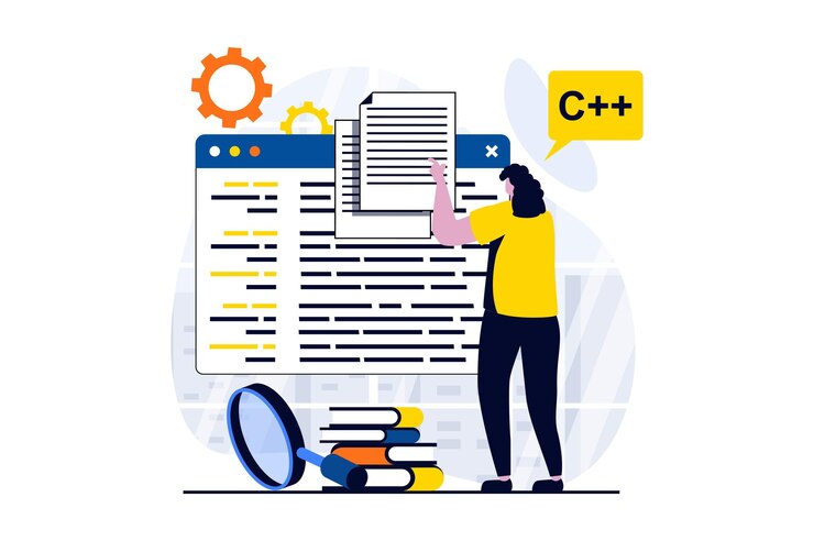 Vector software development concept with people scene in flat cartoon design woman developer programming at screens searching problems and fixing code in programs vector illustration visual story for web