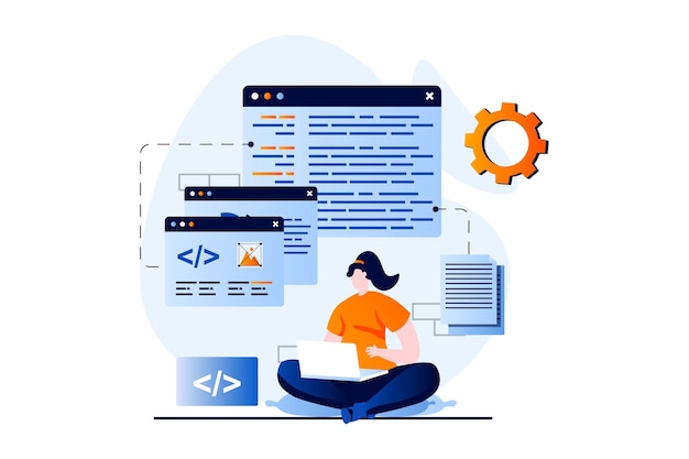 Software development concept with people scene in flat cartoon design Woman working optimizes code at screens programming and creates products on laptop Vector illustration visual story for web