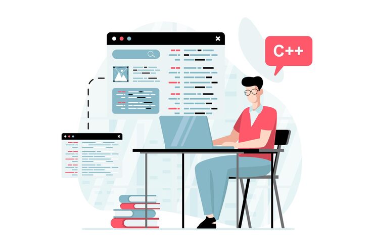 Vector software development concept with people scene in flat design man programming and creating code fills in layout of site and corrects errors vector illustration with character situation for web