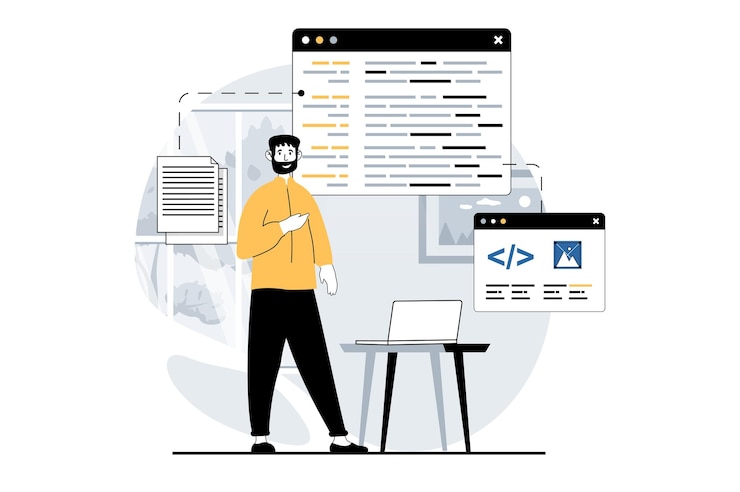 Vector software development concept with people scene in flat design for web man designer programming and optimization application code vector illustration for social media banner marketing material